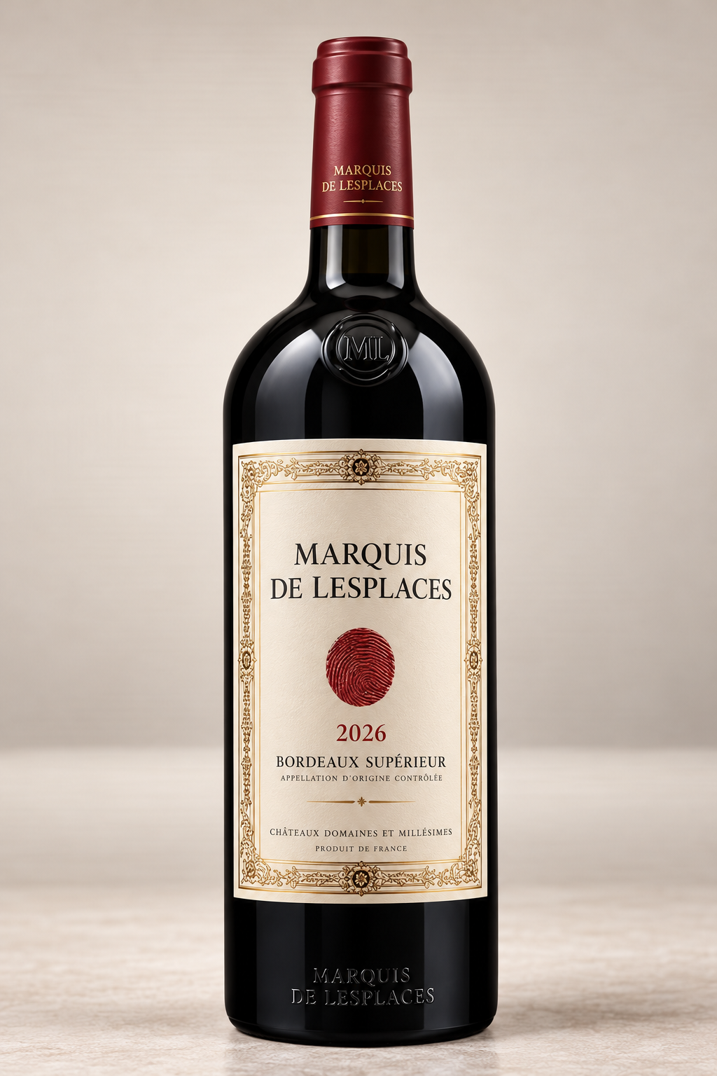 Marquis de Lesplaces 2026 Bordeaux bottle in luxury ivory packaging with gold border