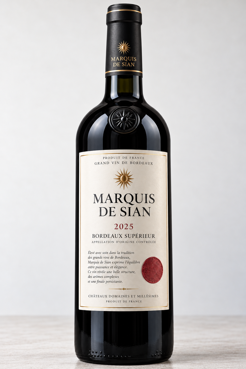 Marquis de Sian 2025 Bordeaux bottle with white satin label and golden sun emblem
