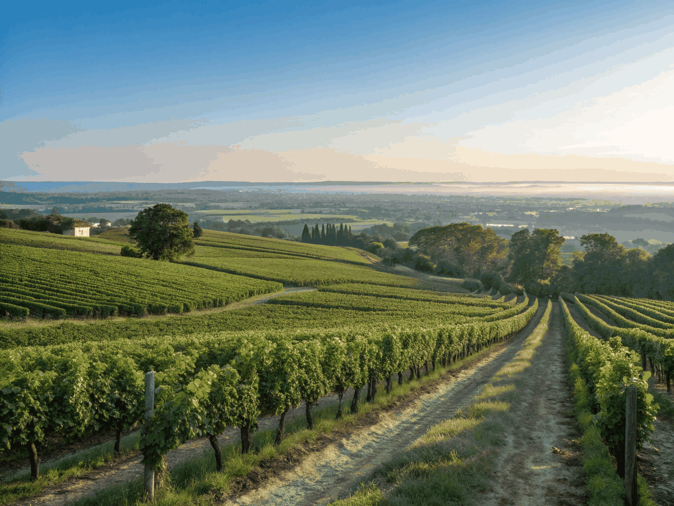 Sunlit vineyards across prestigious Bordeaux hillside estates