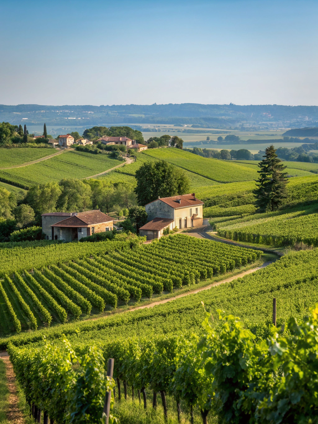 Historic vineyard terraces overlooking the Gironde estuary in Bordeaux