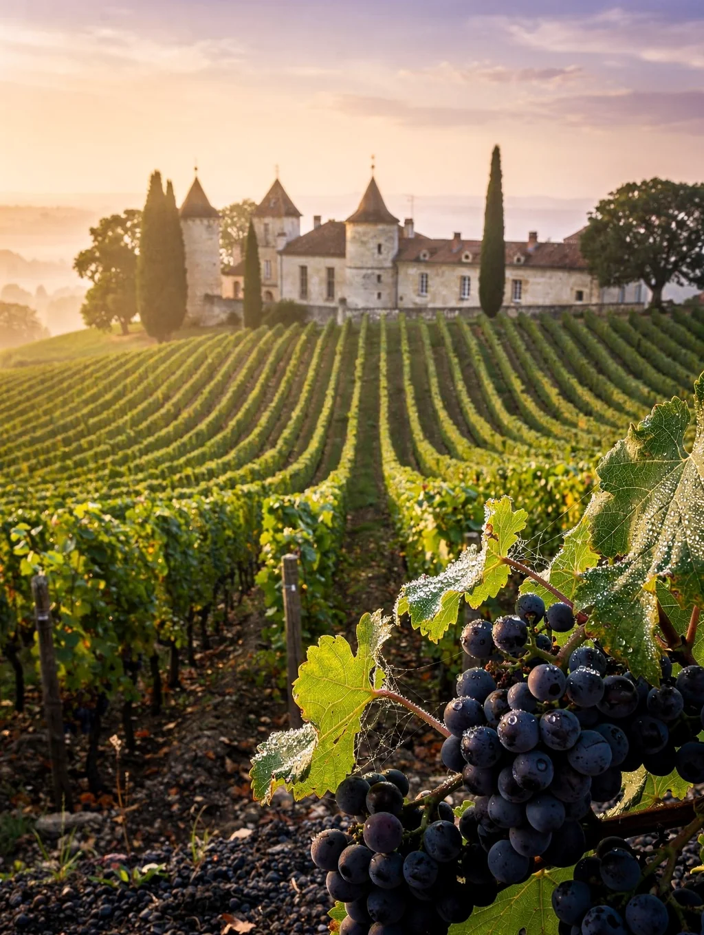 Bordeaux vineyard terroir with gravel soil and ripe grapes ready for harvest