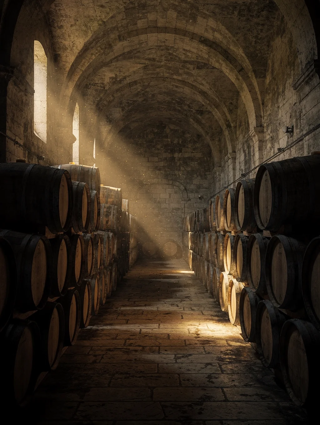 Historic vaulted French oak barrique cellar in Bordeaux